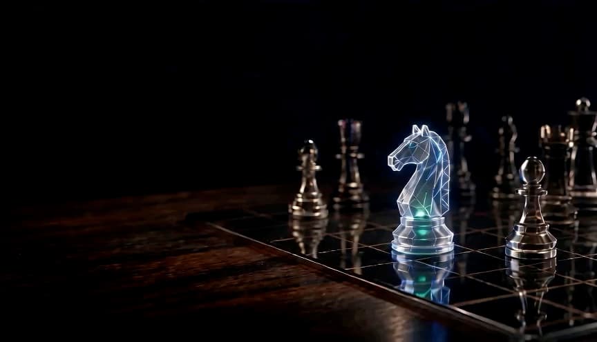 Caballo azul sobre un tablero de estrategia